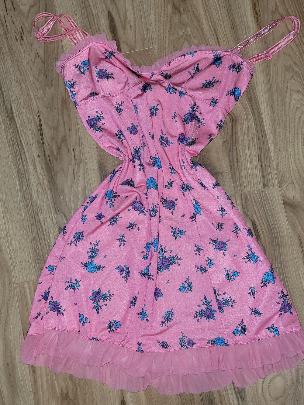 Sugar Thrillz Pink Floral Sundress with Blue & Purple Roses